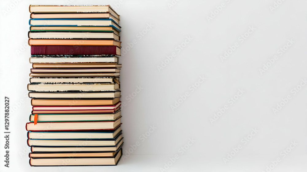 Poster vertical stack of various books in assorted colors against a clean white background