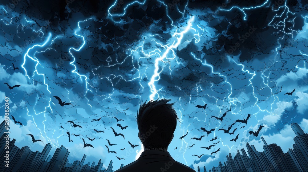 Poster a suspenseful comic panel where a character is about to be struck by lightning, with the lightning b