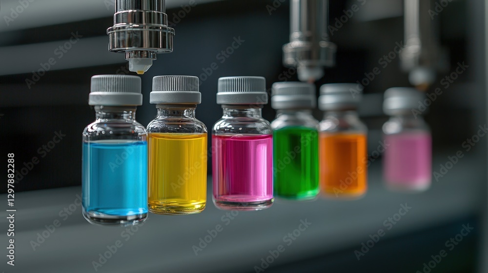 Poster automated process fills colored liquid vials in a high-tech industrial setting