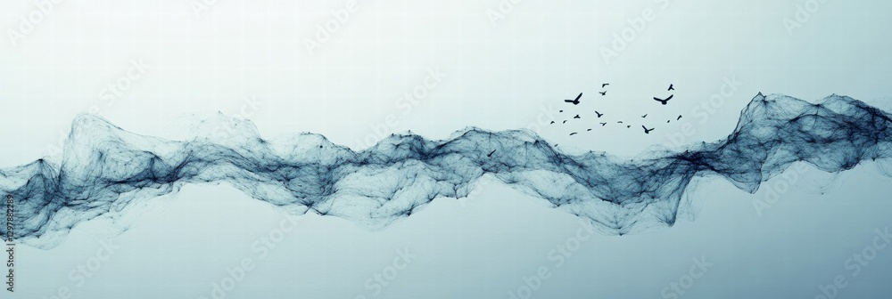 Poster swirling waves of mist with birds flying across a serene horizon at dawn. generative ai