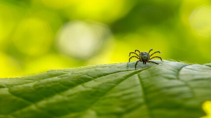 Fototapeta premium Close-Up of a Parasitic Tick on a Leaf with Blurred Green Forest Background, Highlighting Tick-Borne Disease Risk in Nature