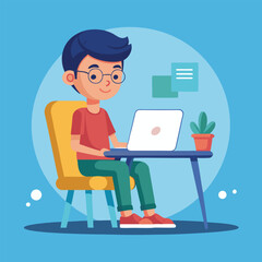 a boy is using his laptop vector