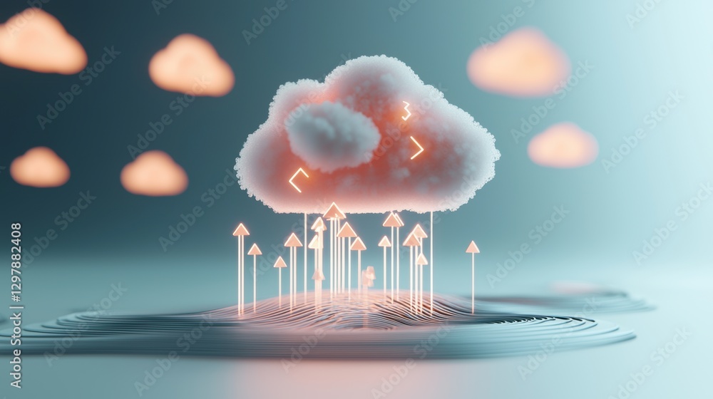Poster an abstract image of data being uploaded and downloaded from the cloud, symbolized by arrows and glo