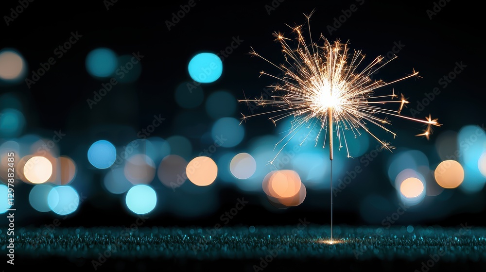 Poster a single, large firework exploding in a shower of golden sparks against a dark sky, with a circular 
