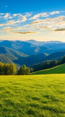 Obraz premium Serene Green Field And Blue Sky Mountain Landscape