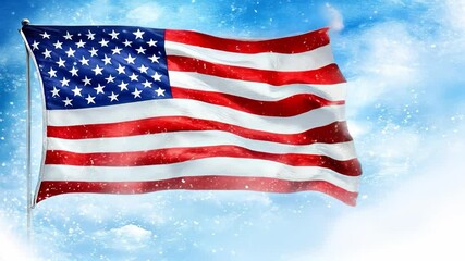 Waving American flag against a bright blue sky with clouds on a sunny day - Powered by Adobe