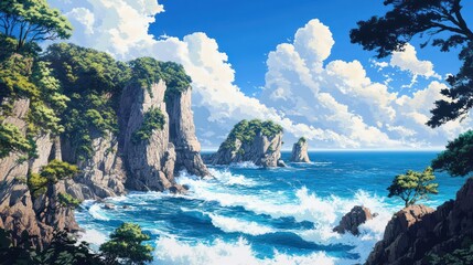 Obraz premium a dramatic Japanese coastline with towering cliffs, crashing waves, and a serene blue ocean