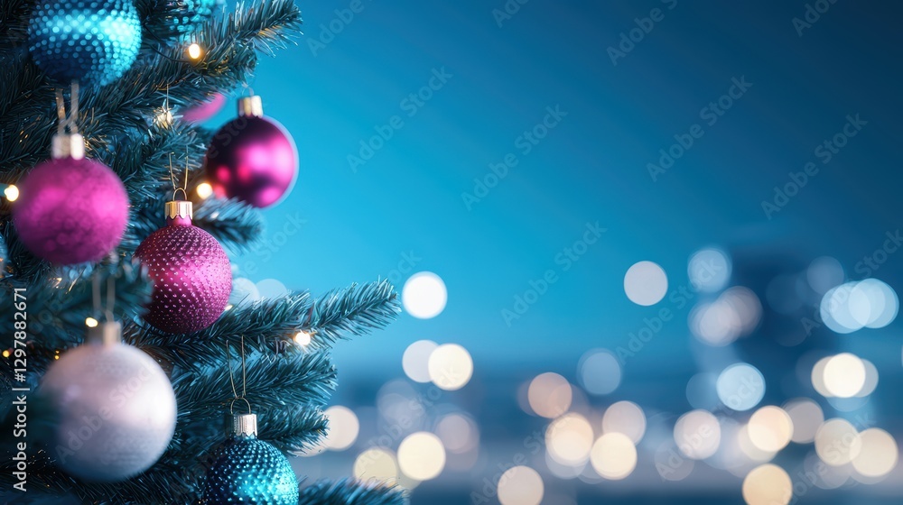 Poster close up of a christmas tree adorned with colorful ornaments and twinkling lights, with a bokeh effe