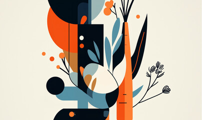Abstract composition showcasing bold colors; geometrical forms, mixing with fresh sprouts, egg and carrot shapes, representing springtime and modern Easter celebration