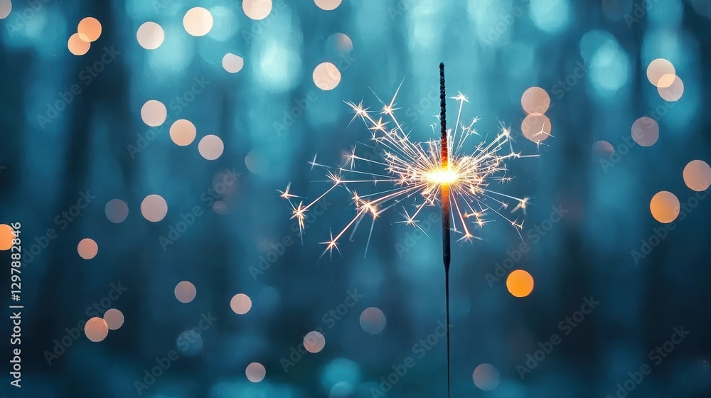 Poster close up of a sparkler burning down, with a shower of sparks creating a mesmerizing bokeh effect aga