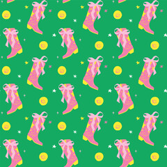 Groovy Hot Pink Coquette Cowgirl Boots Seamless Pattern, Western Retro Wallpaper isolated on background