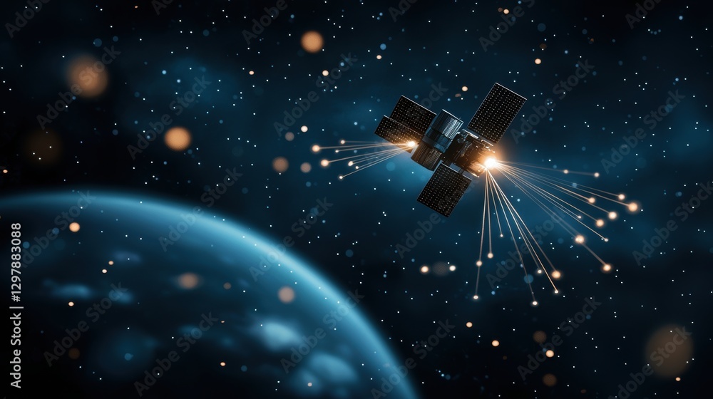 Poster a satellite orbiting earth with beams of light connecting different continents, symbolizing global c