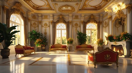 Obraz premium Luxurious baroque-style interior with gold-accented furniture, elegant chandeliers, and large arched windows. A grand, opulent living space filled with classic European decor.