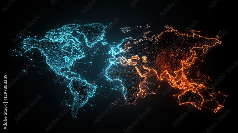Poster a world map overlaid with a complex network of nodes and connections, highlighting the flow of infor