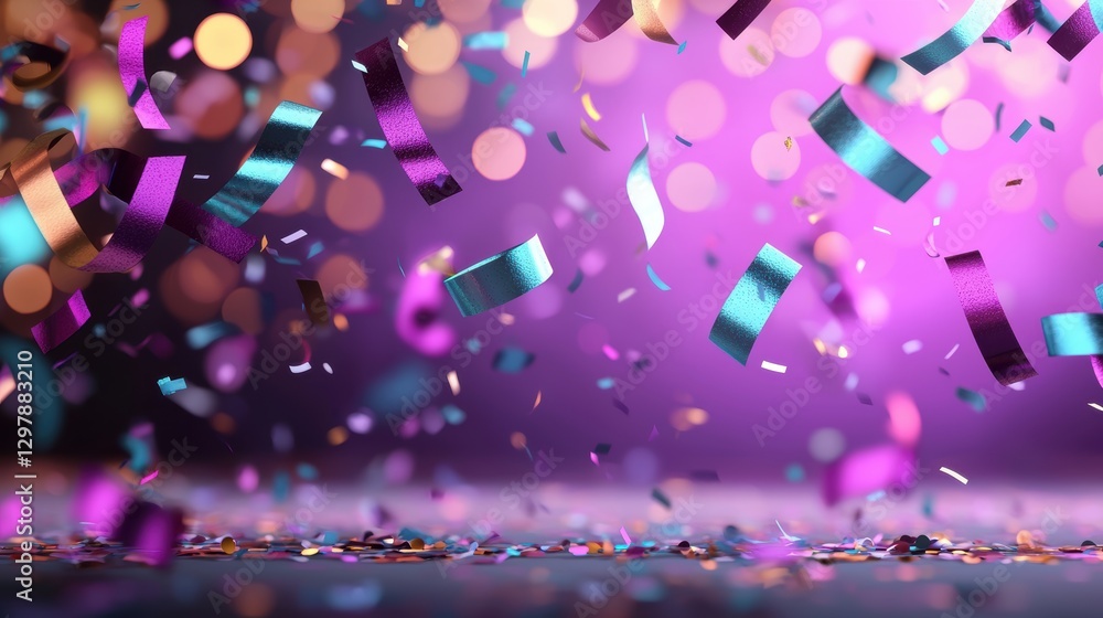Poster a shower of colorful confetti falling through the air, with a bokeh effect creating a sense of movem