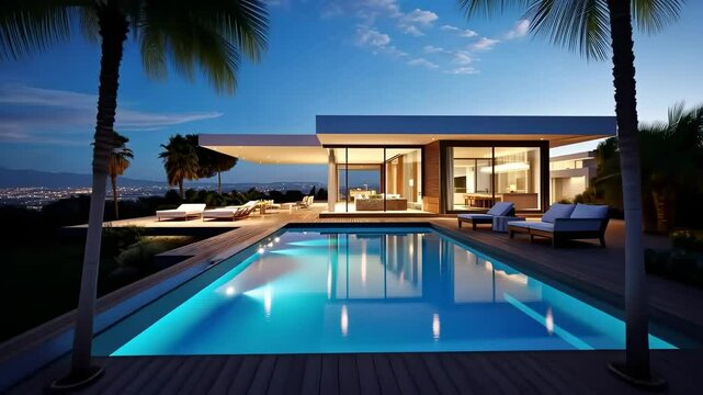 A modern villa with a pool at dusk, captured from a low angle. The video showcases sleek architecture and serene ambiance with palm trees.