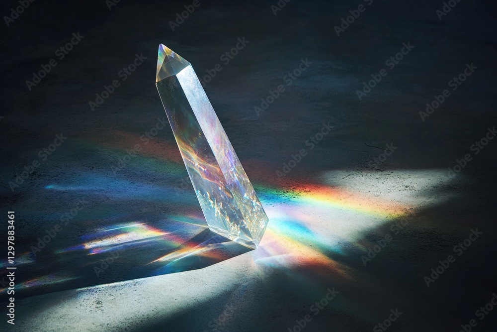 Poster sparkling crystal prism casting colorful light patterns on surface