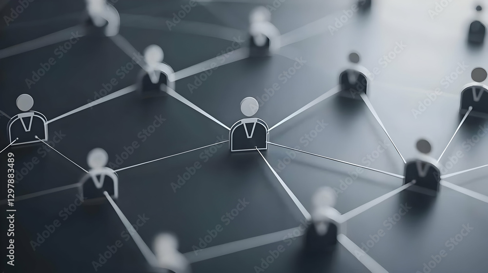 Poster connected people icons linked by dotted lines on dark background representing global networking
