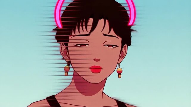 Retro VHS anime style of a young woman's face. She has short black hair styled in a short pixie cut with pink hoop earrings on top.