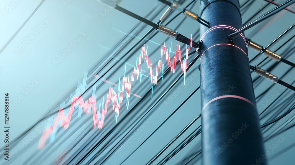 Poster abstract visualization of financial data on wires with blue and red tones and dark pole