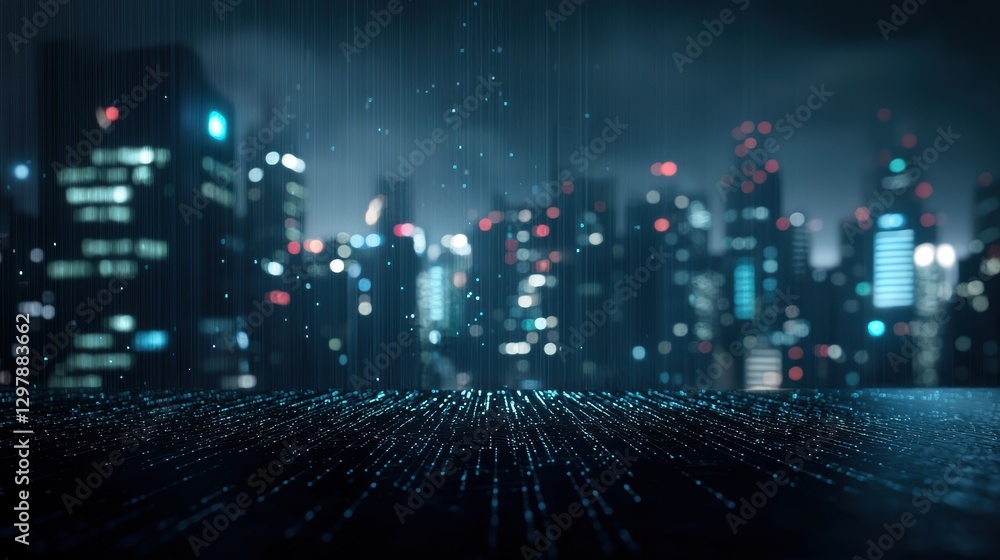 Poster a futuristic cityscape at night with holographic projections of data streams and network connections