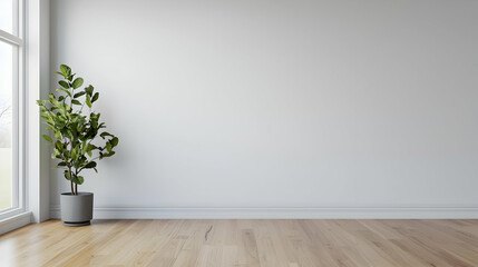 Modern Interior Room With Wooden Floor and Potted Plant Beside Window in Daylight