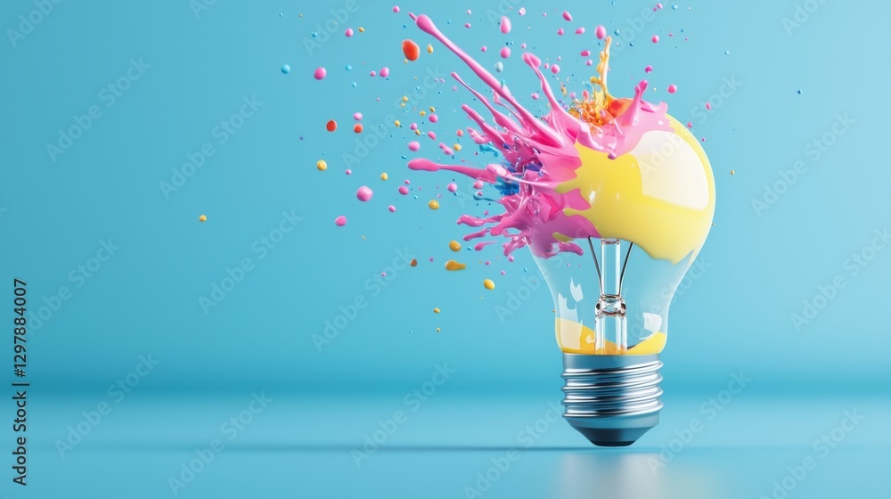 Poster a light bulb bursting with colorful paint splatters, transforming the act of destruction into an act