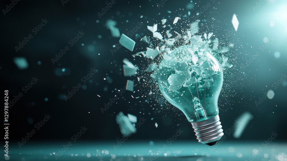 Poster a holographic projection of a light bulb exploding, with digital particles and light effects, convey