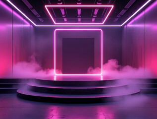 Futuristic neon-lit stage with a glowing pink cube, surrounded by atmospheric fog in a cyberpunk-style setting. Modern, high-tech scene with vibrant LED lights and sleek design.


