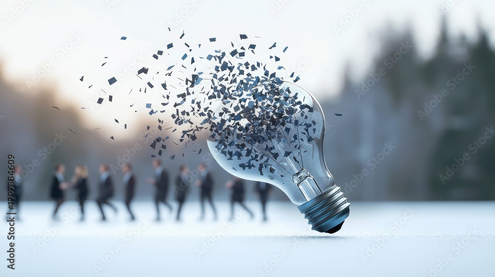 Poster a light bulb exploding in front of a group of businesspeople brainstorming ideas, representing the i
