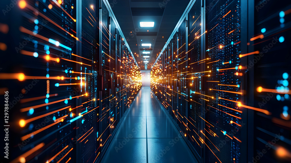 Poster illuminated server room with data transmission and futuristic digital network