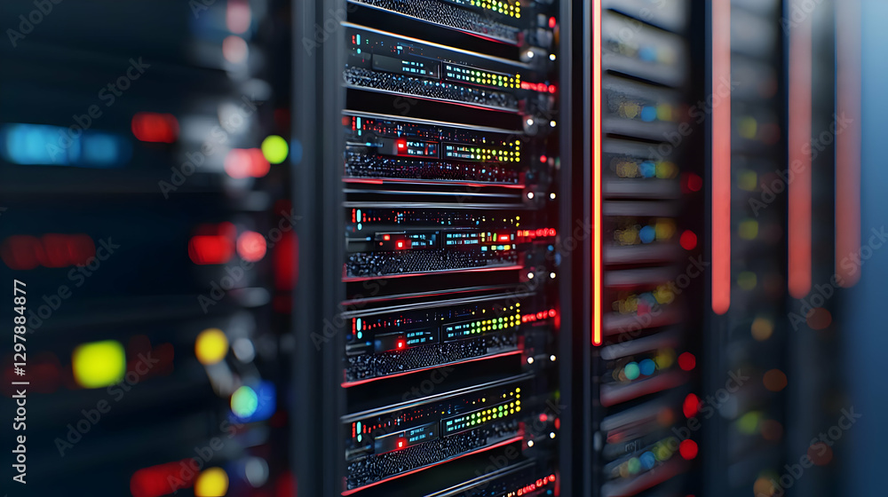Poster close up of illuminated server racks in a data center with blurred background and blue lighting