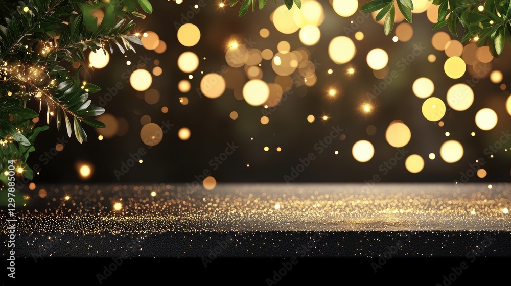 Poster golden bokeh lights reflecting on a dark, polished surface, creating a sense of depth and dimension.