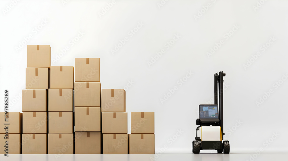 Poster stack of cardboard boxes and automated forklift against white background