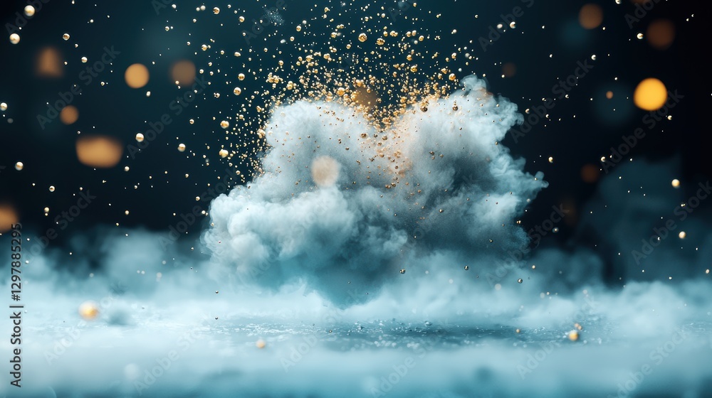 Poster a cloud of abstract golden particles slowly dispersing in a dark environment, creating a sense of my