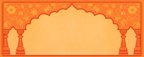 Orange Indian-style arch with floral pattern and copy space. Traditional decorative frame for Diwali, Holi, or wedding invitations. Hindu celebration background.
