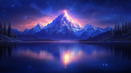Serene Mountain Reflection at Twilight with Starry Night Sky over Tranquil Lake Illuminated Summit Radiance and Majestic Peaks