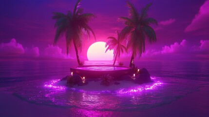 Cyberpunk tropical island getaway with palm trees against vibrant sunset reflecting neon colors in ocean futuristic dreamscape