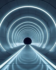 Futuristic tunnel with glowing blue LED lights and a sleek reflective floor, creating a sci-fi atmosphere. High-tech corridor with a circular design leading to a bright light.

