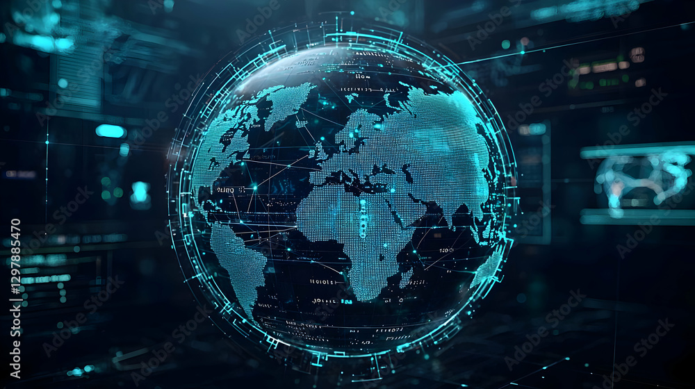 Poster digital globe displaying world map surrounded by technology interface in dark blue background
