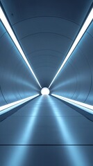 Futuristic tunnel with glowing blue LED lights and a sleek reflective floor, creating a sci-fi atmosphere. High-tech corridor with a circular design leading to a bright light.

