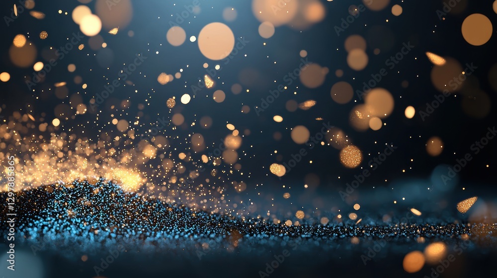Poster a cluster of golden particles forming a glowing nebula, with subtle light flares and lens flares add