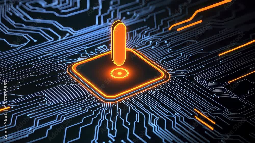 Poster glowing orange power button on circuit board symbol of technology, innovation, and digital communica