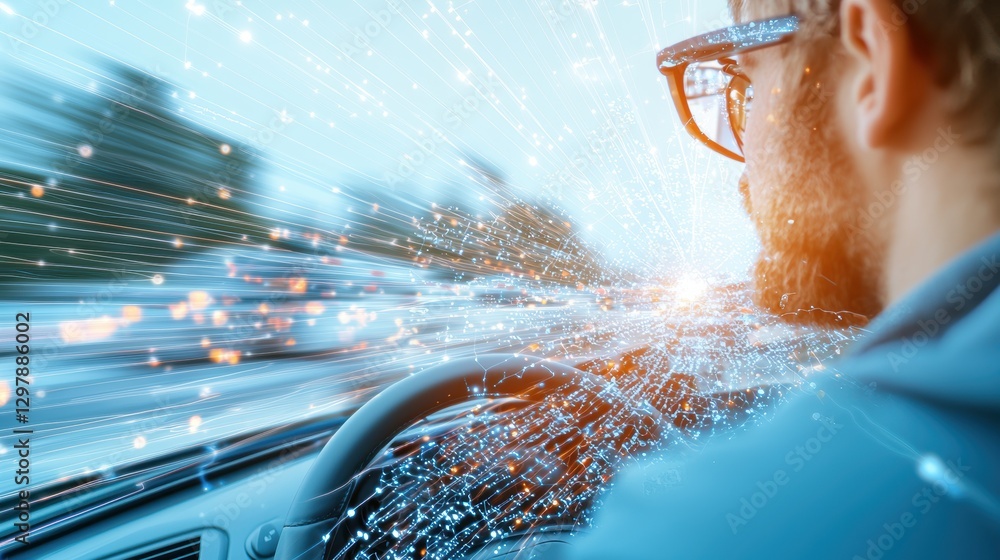 Poster a connected car with a dashboard displaying real time traffic information, navigation, and vehicle d