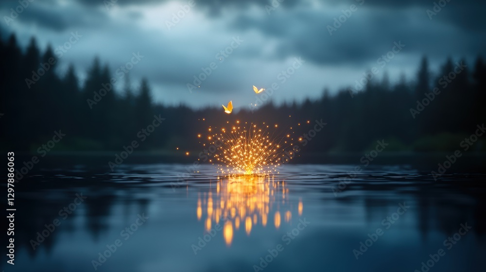 Wall mural golden fireworks reflected on the surface of a lake, creating a symmetrical and mesmerizing visual.