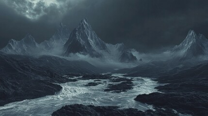 Fototapeta premium Dramatic Rivers in Rocky Terrain Under Dark Skies