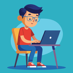 a boy is using his laptop vector