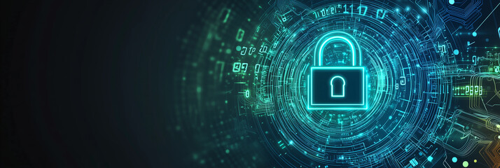 A LinkedIn background banner with a glowing digital lock formed from swirling binary code and digital circuits