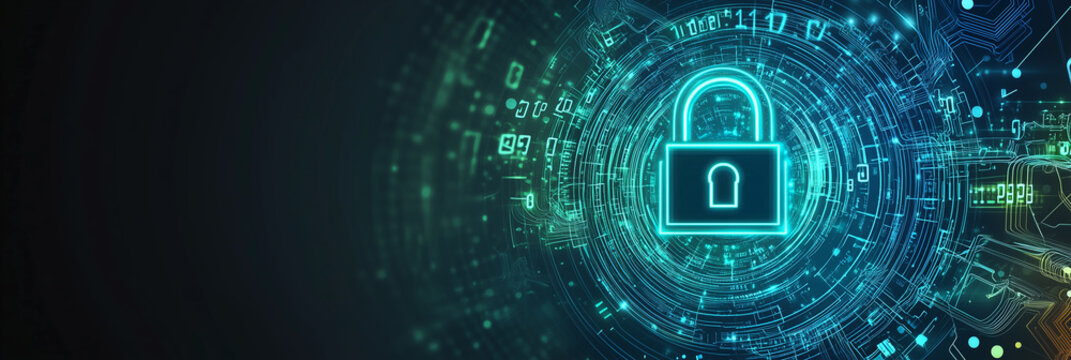 A LinkedIn background banner with a glowing digital lock formed from swirling binary code and digital circuits
