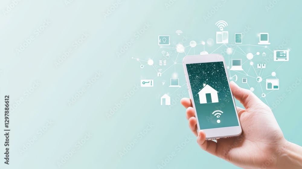Poster a hand holding a smartphone controlling a network of smart home devices, illustrating the convenienc